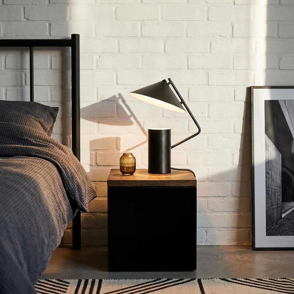 Lampe Sen fer noir mat allumée sur chevet acier, chambre loft brique peinte blanche et halo chaud ciblé sur le bois