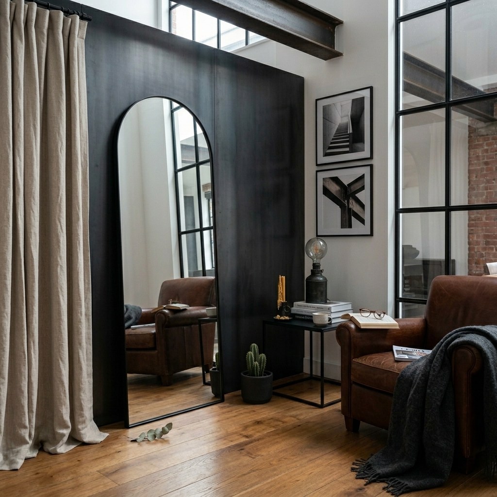 Miroir arche Nizar dans un loft industrial soft, fauteuils cuir cognac, verrière acier noir, rideau lin et applique cage filament