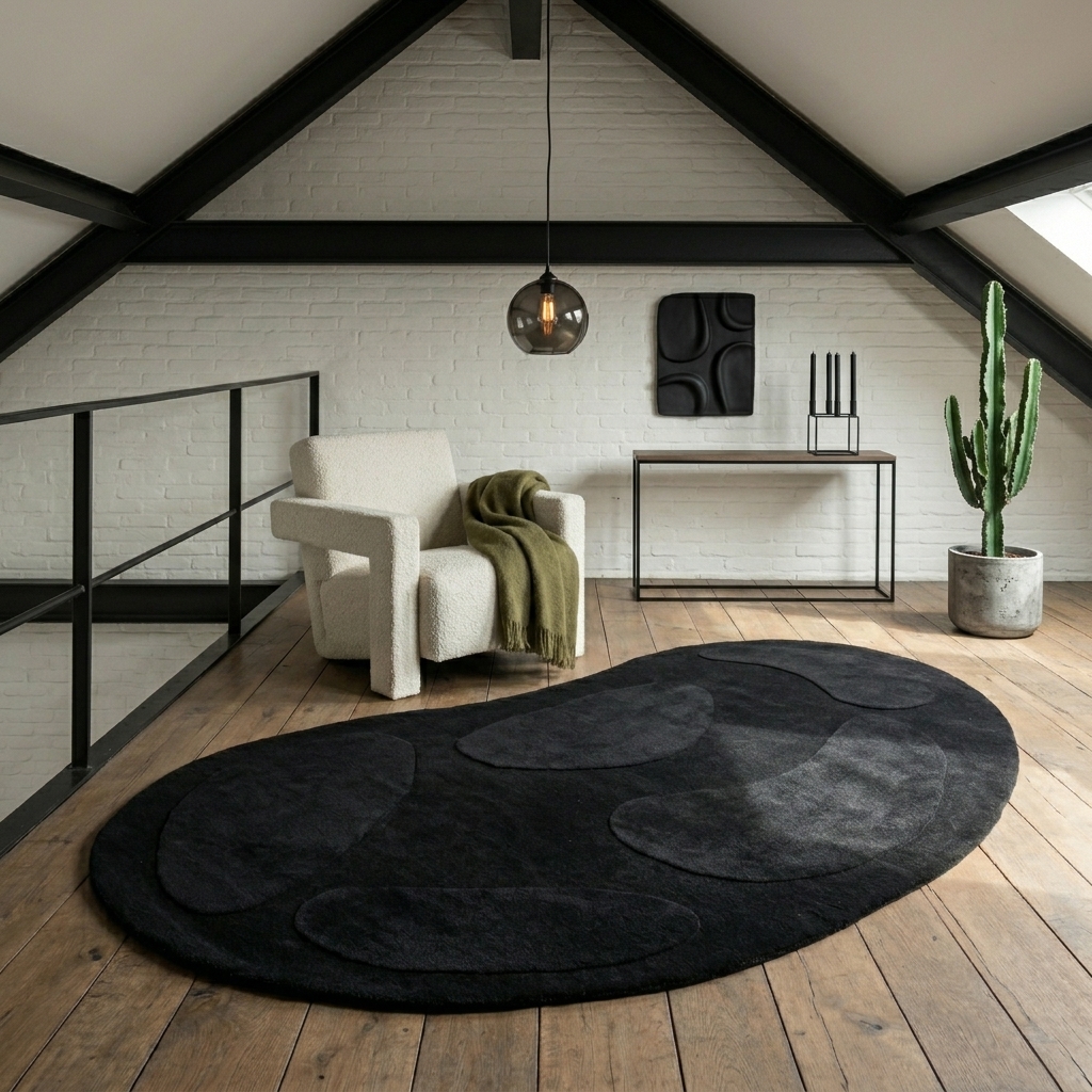 Tapis galet noir en laine dans une mezzanine sous charpente noire, fauteuil boucle blanc, plaid olive et briques blanches