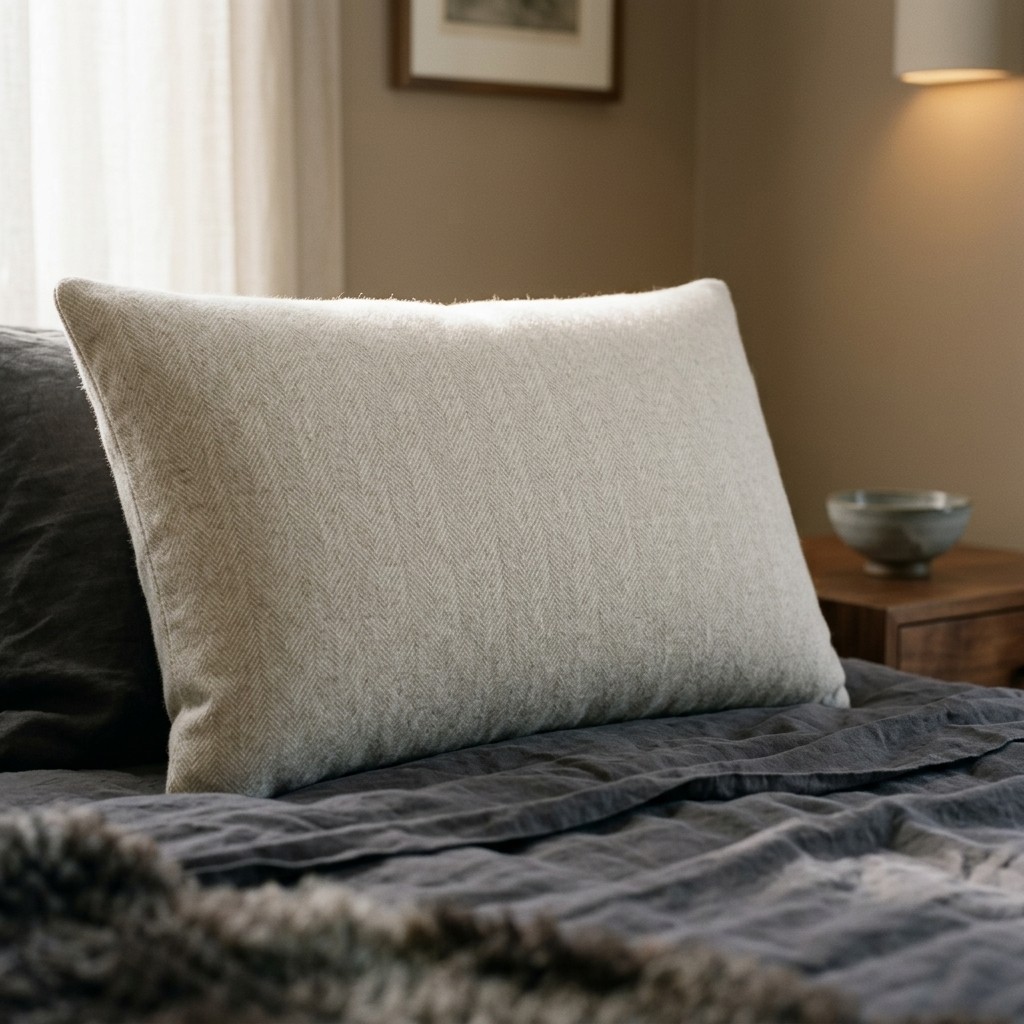 Coussin Saline écru en cachemire et mérinos dans une ambiance Japandi chaleureuse