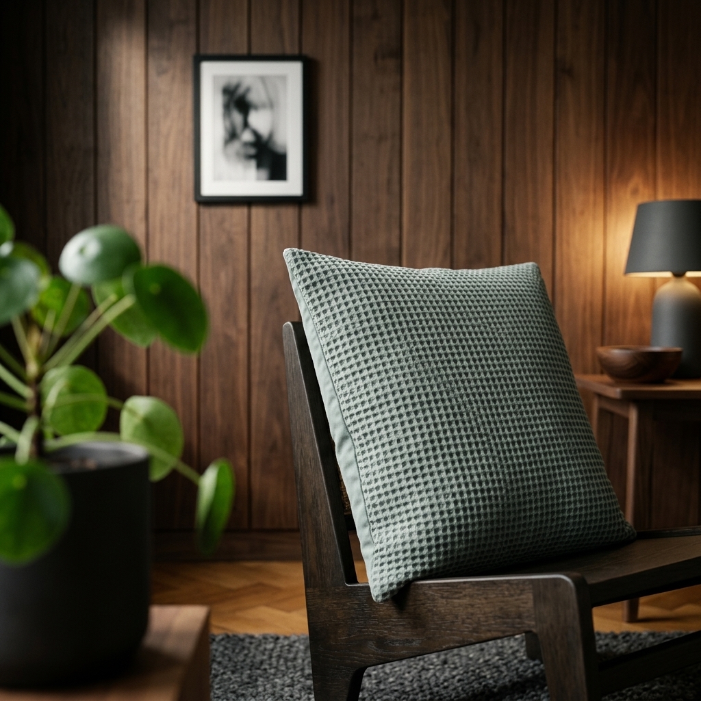 Coussin gaufré vert de gris sur fauteuil bois sombre, lambris noyer, plante pilea et lampe tamisée, atmosphère zen et cosy