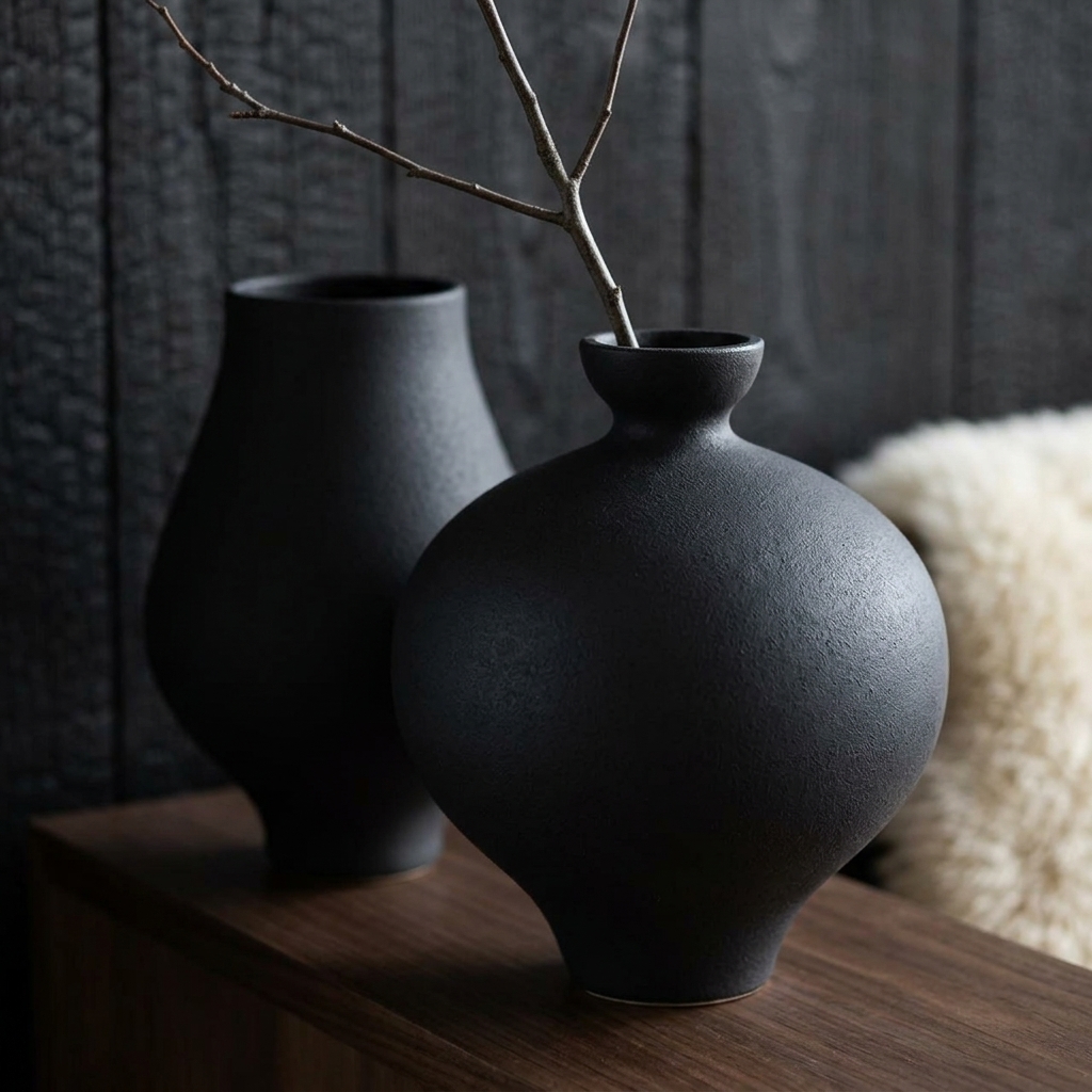 Duo de vases céramique noire mate sur console noyer, fond bois brûlé yakisugi et laine mouton, ambiance japandi intime