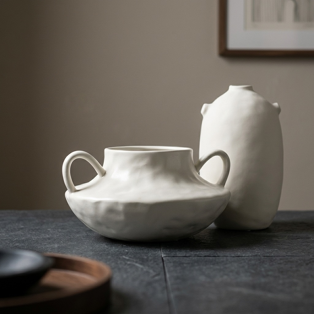 Duo Orelia — vase ovoidé et amphore en grès écru dans une entrée Dark Japandi, ambiance matère et golden hour