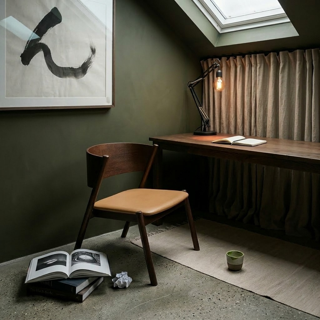 Fauteuil chêne brun foncé et cuir cognac dans un bureau vert olive sous combles, sumi-e encadré, lumière de velux