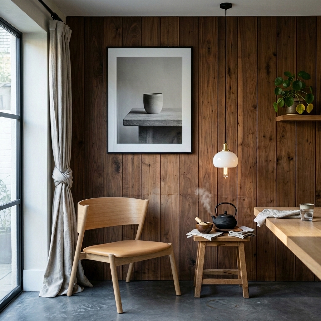 Fauteuil chêne et cuir cognac dans une salle à manger japandi, lambris noyer foncé, suspension opaline, lumière matinale