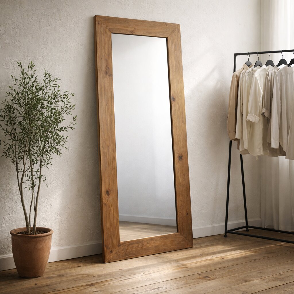 Miroir vertical pleine hauteur 80 × 180 cm au cadre large en bois ancien recyclé patiné aux nœuds et veines visibles, dressing épuré aux murs enduit blanc, parquet chêne, olivier en pot terre cuite et portant chemises en lin écru