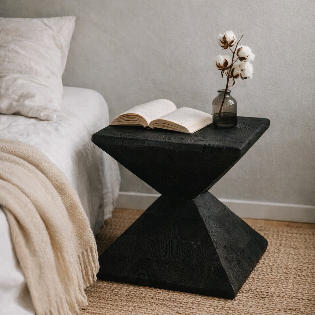 Table d'appoint en pin recyclé teinté noir près d'un lit lin blanc, tapis jonc de mer, fleurs de coton séchées sur le plateau
