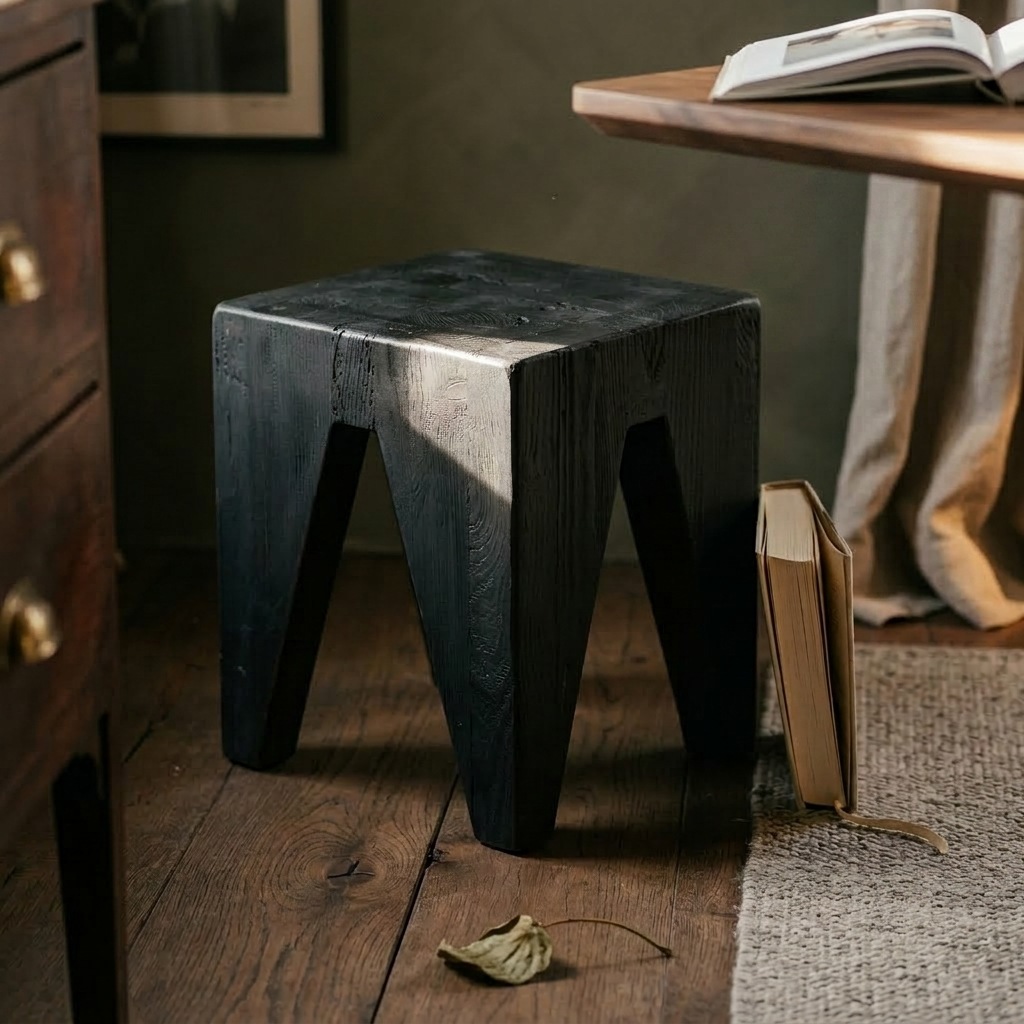 Tabouret carré en pin recyclé noir mat dans un bureau plâtre olive sombre, parquet chêne foncé, lumière rasante