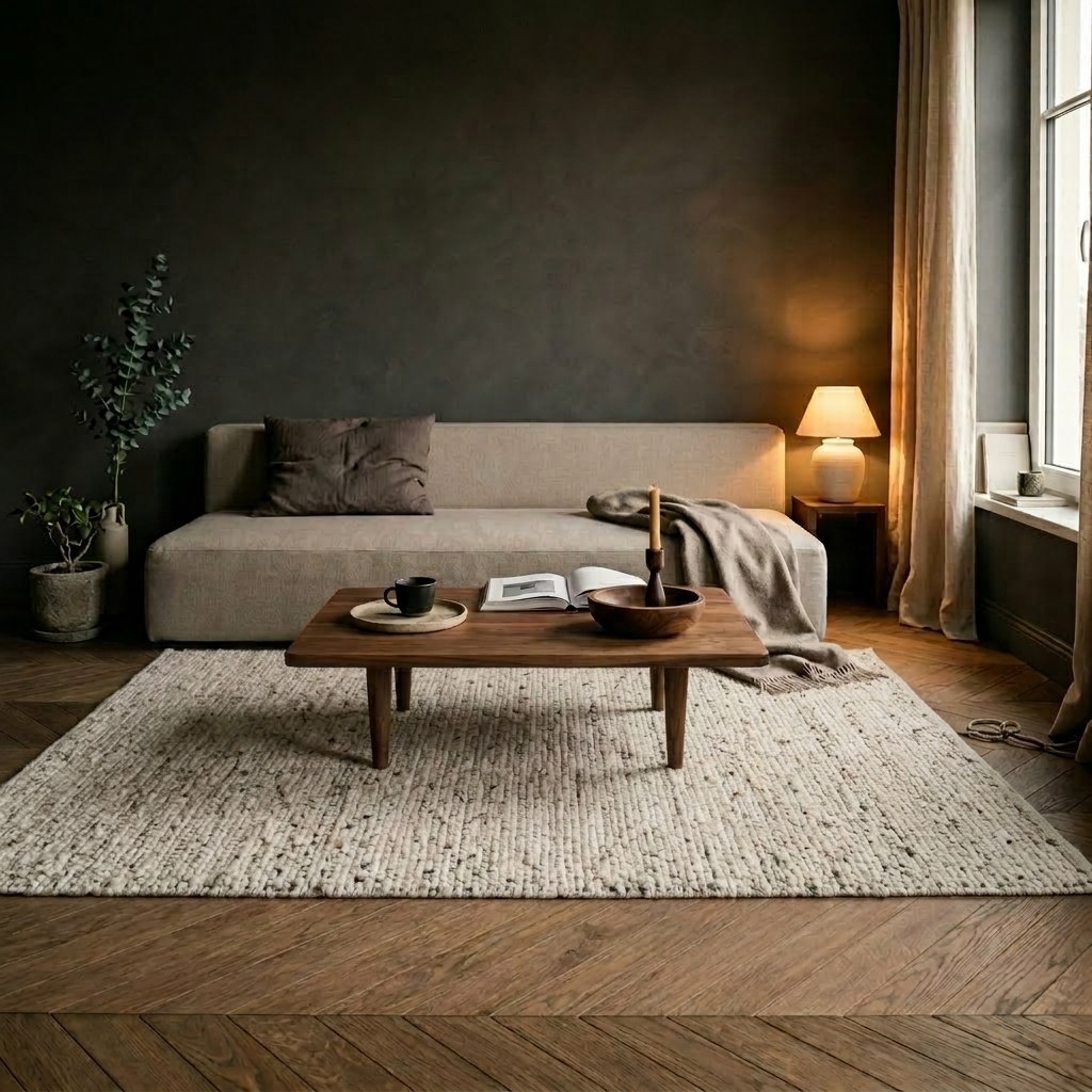 Tapis laine bouclée écru dans un salon japandi épuré, murs charcoal, parquet chevron noyer, lumière dorée tamisée