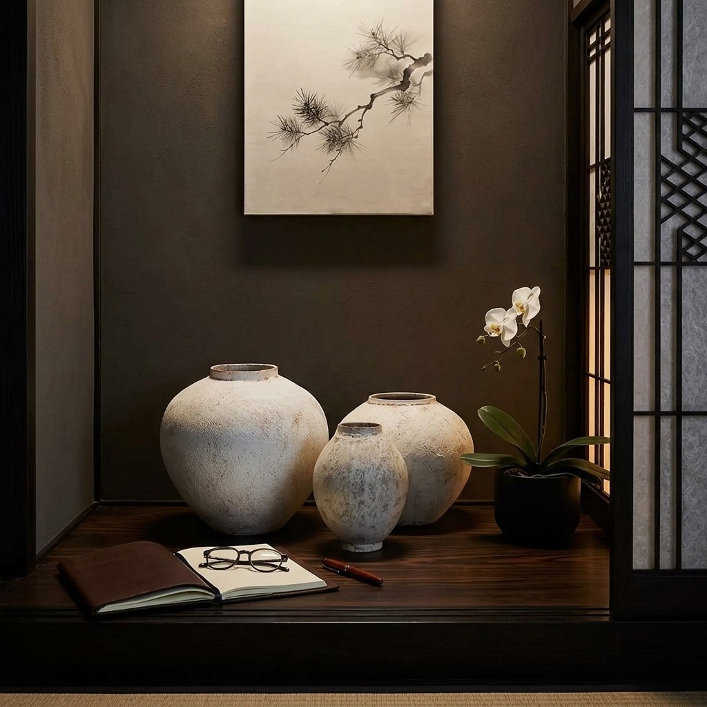 Trio de vases céramique enduit chaux sur tablette noire, intérieur japandi aux murs sombres et shoji lumineux