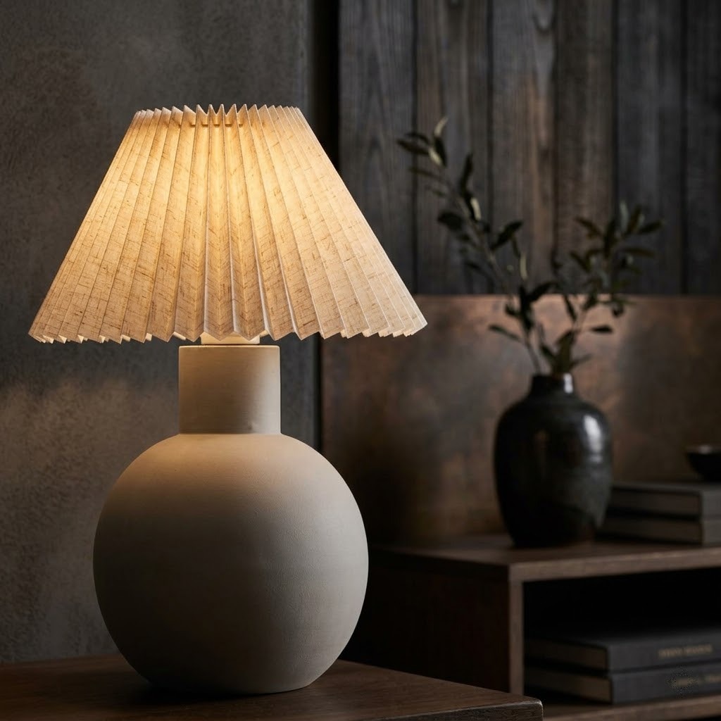 Lampe à poser Orin en céramique grise allumée sur un meuble en bois sombre, vase noir et branchages d'olivier en arrière-plan