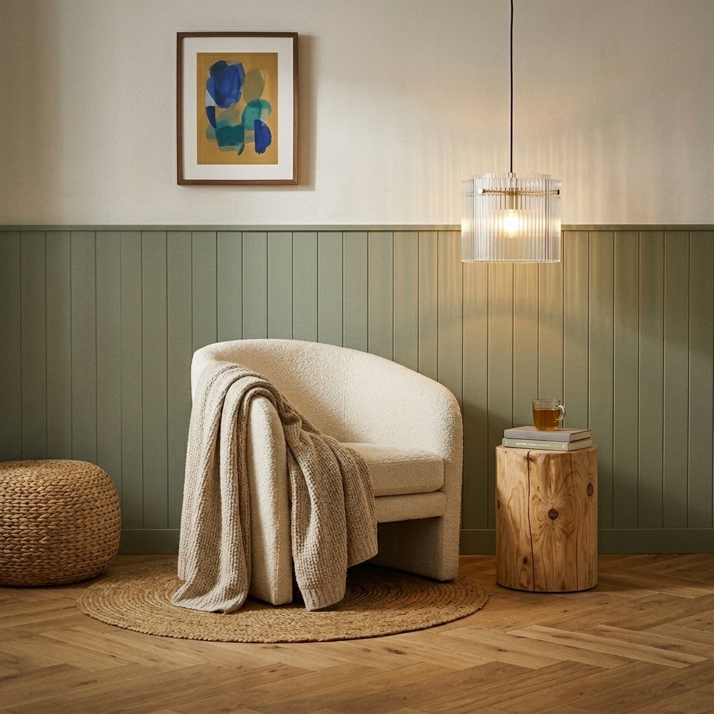 Suspension Ripple en verre soufflé dans un coin lecture cosy, fauteuil bouclé crème et soubassement vert sauge