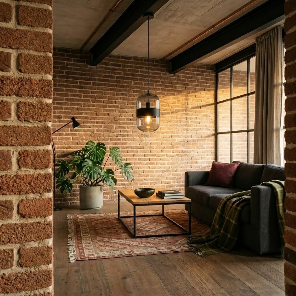 Suspension Zeno en verre fumé éclairant un salon loft avec mur en briques, poutres apparentes et lumière chaude