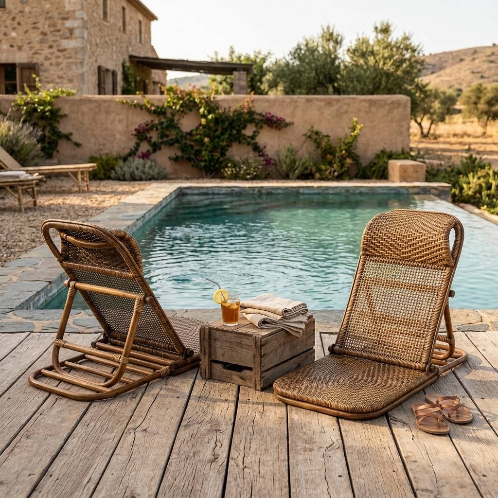 Deux transats en rotin brun noyer sur terrasse bois, piscine et mas en pierre au soleil, ambiance méditerranéenne