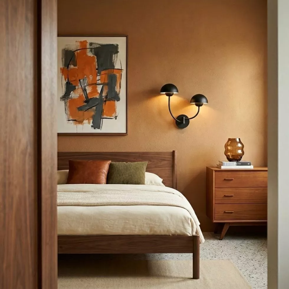 Applique double dôme noir mat en chevet d'une chambre Mid-Century, mur ocre chaud, commode noyer et tableau expressif