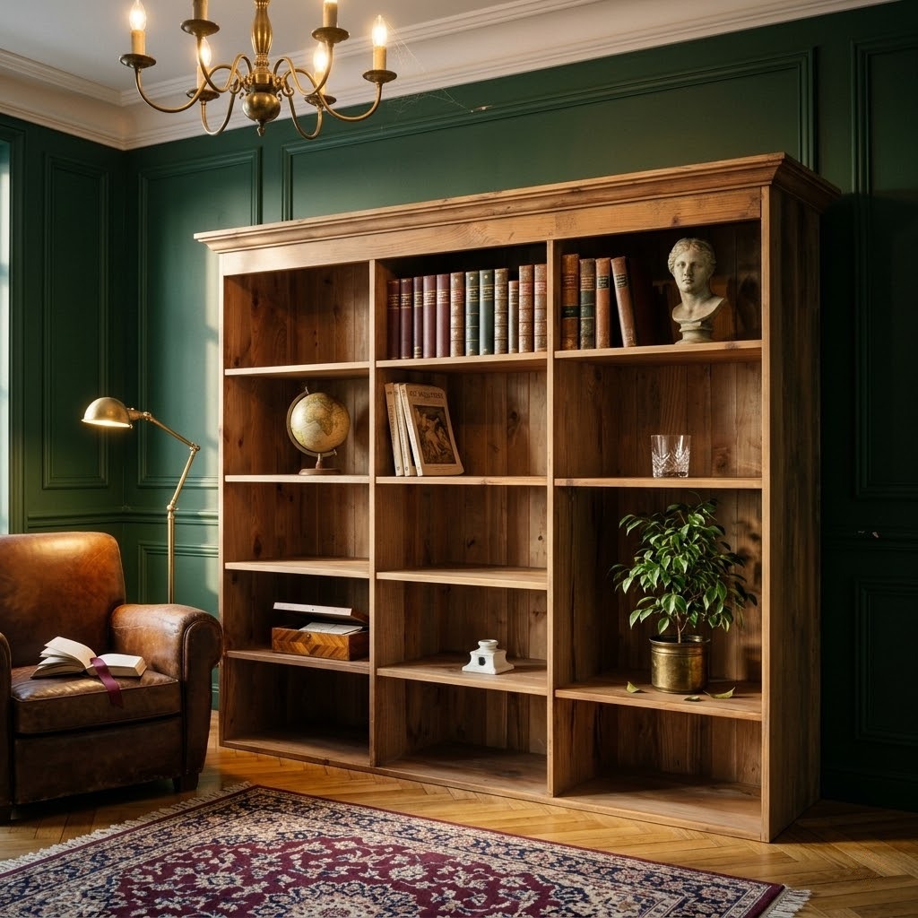 Étagère en pin recyclé naturel dans une bibliothèque aux murs vert forêt, lustre laiton et fauteuil cuir cognac