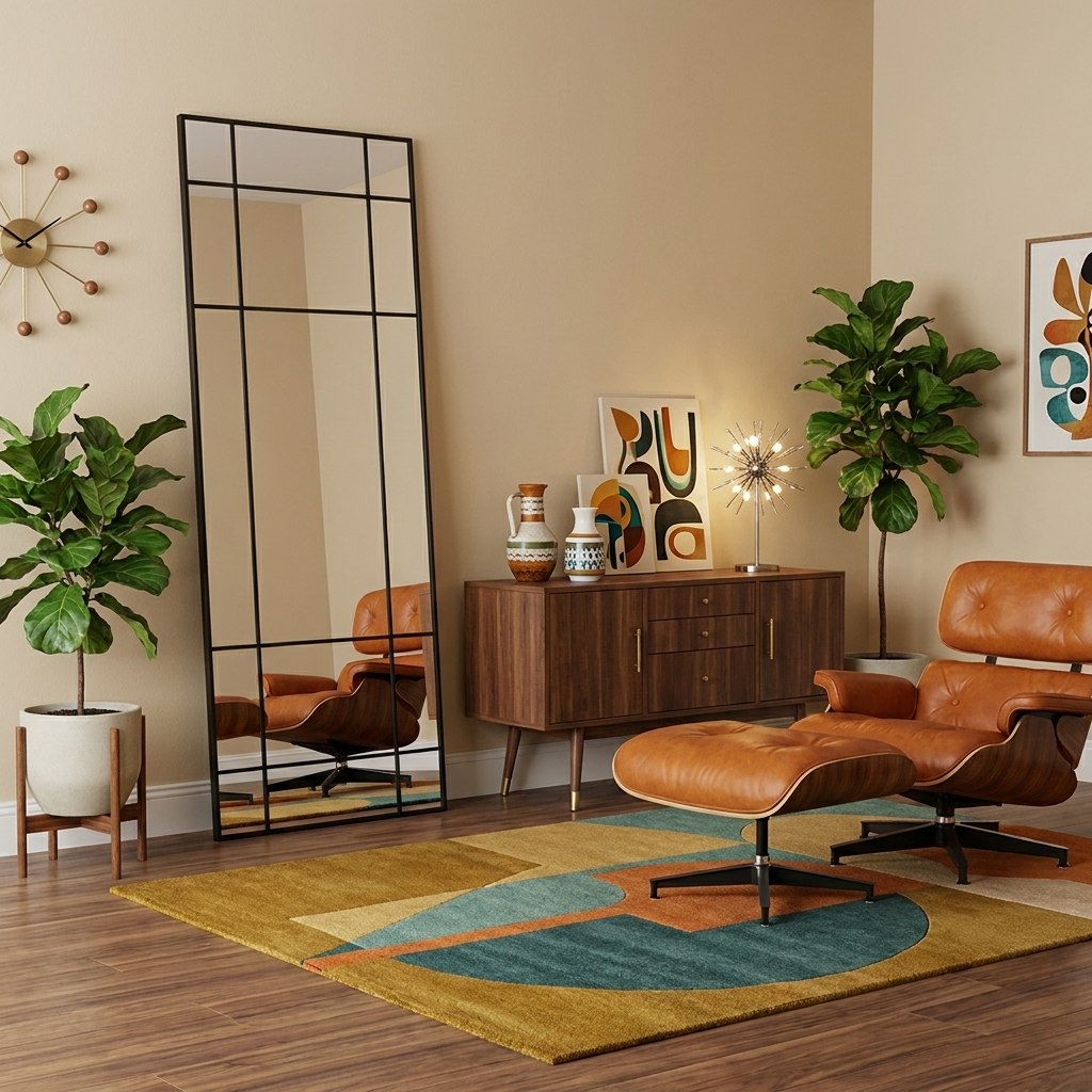 Miroir verrière noir Isak en aluminium dans un salon mid-century, fauteuil Eames cognac, tapis géométrique ocre et figuier lyre