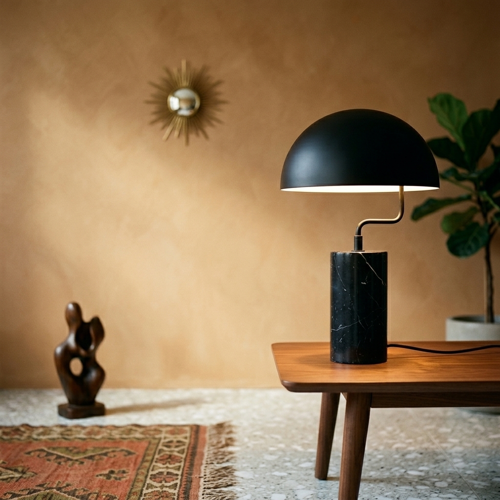 Lampe à poser Poise marbre noir veiné et dôme fer mat sur chevet noyer, chambre Mid-Century Modern en lumière dorée