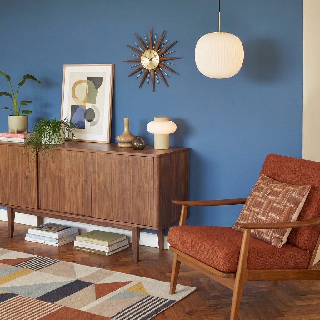 Suspension globe opalin nervuré dans un salon Mid-Century Modern, mur bleu ardoise, buffet noyer, horloge soleil et fauteuil rouille
