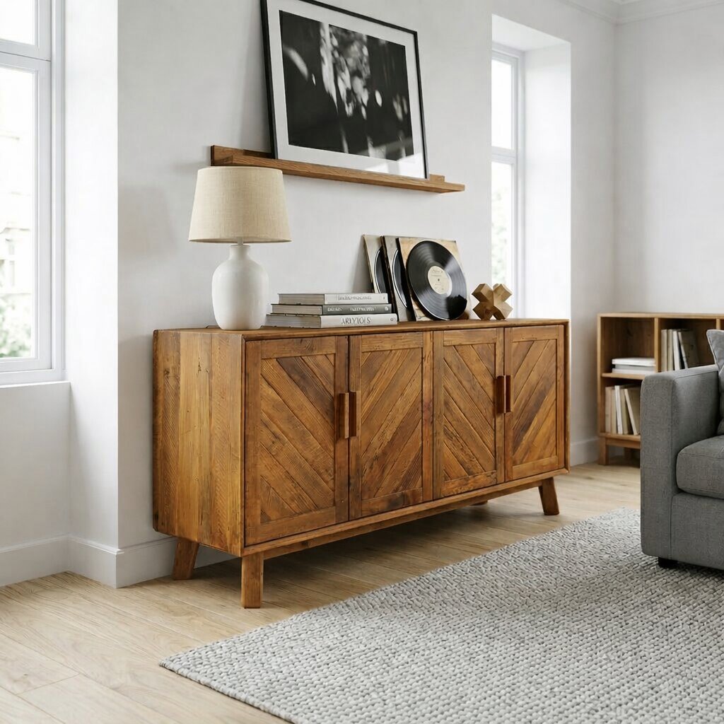 Buffet en pin recyclé dans un salon organic modern clair, murs blancs, parquet naturel, lampe céramique et décor vinyle