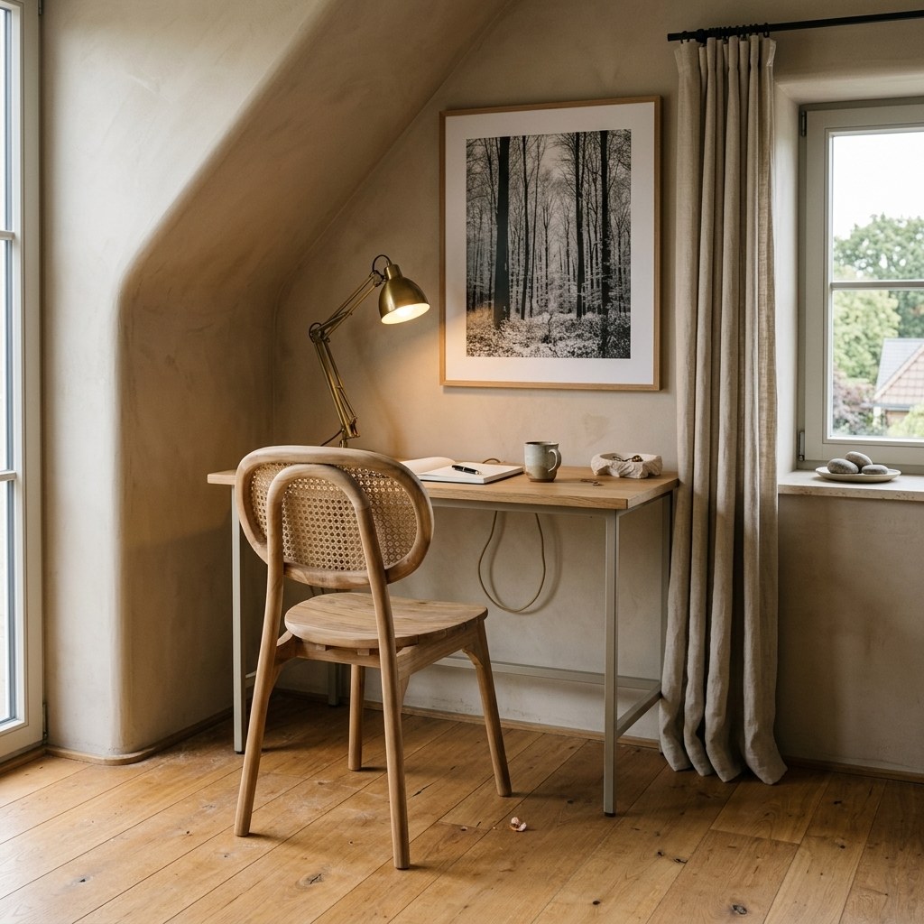 Chaise teck massif et cannage rotin dans un bureau enduit sable, lampe laiton allumée, parquet chêne clair et rideau lin