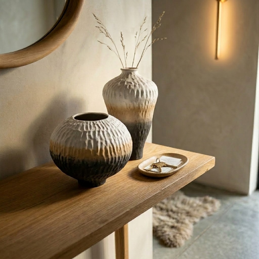 Duo de vases céramique dégradé ivoire-anthracite sur console chêne, entrée enduit chaux, lumière chaude et tapis peau