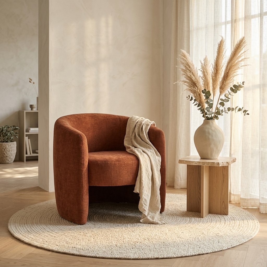 Fauteuil cocon en tissu chenille terracotta posé sur tapis rond en jonc tressé, table d'appoint en bois clair, vase ivoire avec pampas séchées et eucalyptus, voilage en lin qui filtre la lumière sur mur enduit pâle