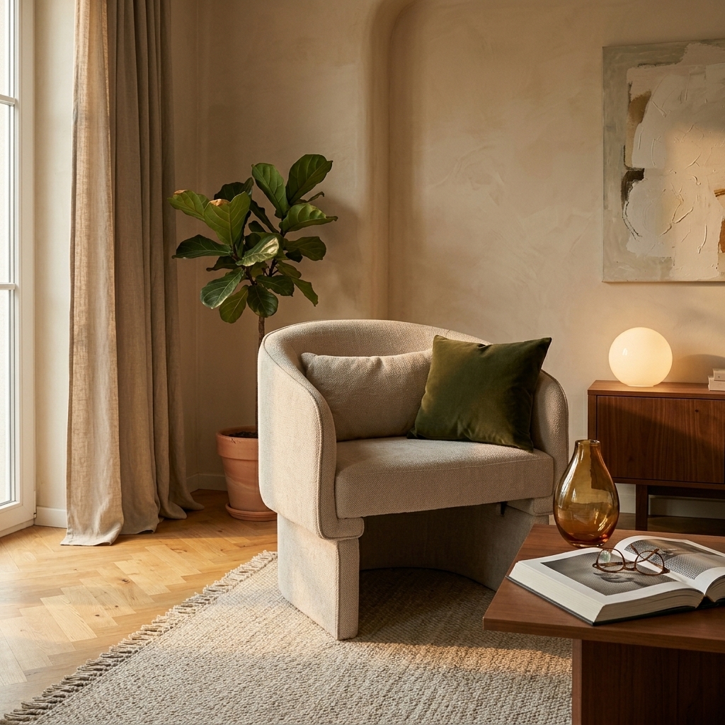Fauteuil lounge beige sable dans un salon Organic Modern, mur enduit sable, coussin olive et lumière dorée de fin d'après-midi