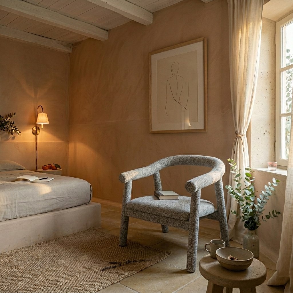 Fauteuil lounge gris clair chiné dans un intérieur Organic Modern, matières naturelles et lumière dorée douce