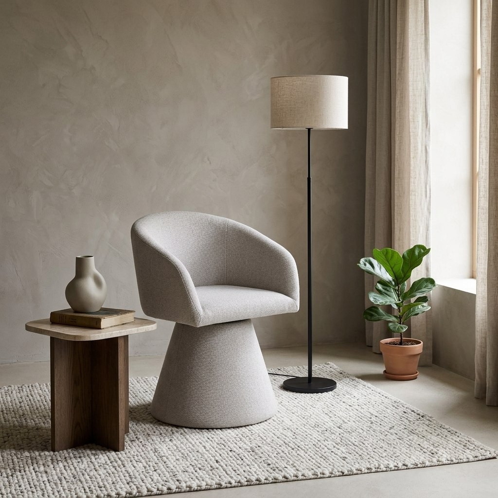 Fauteuil pivotant bouclé greige dans un salon organique épuré, mur enduit argile, tapis laine et ficus en arrière-plan