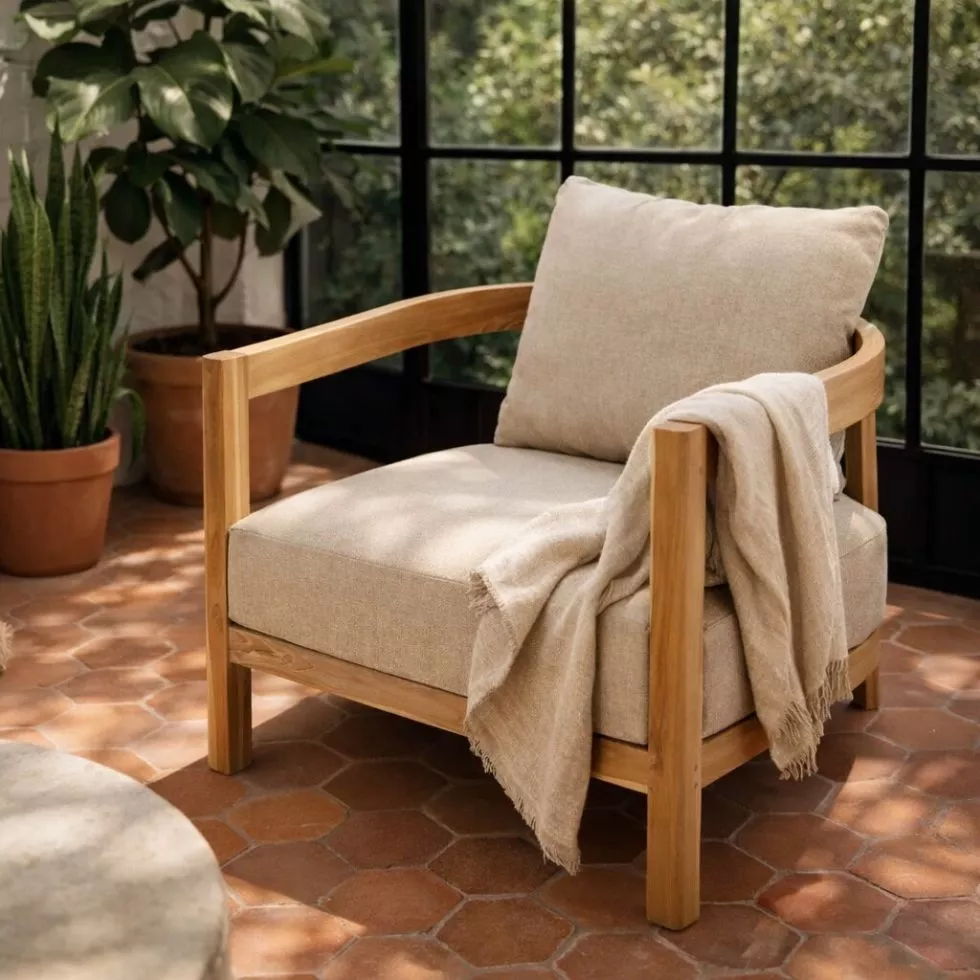 Fauteuil teck massif en véranda, carrelage terra cotta, grandes plantes tropicales et fenêtres noires, lumière jardin filtrée