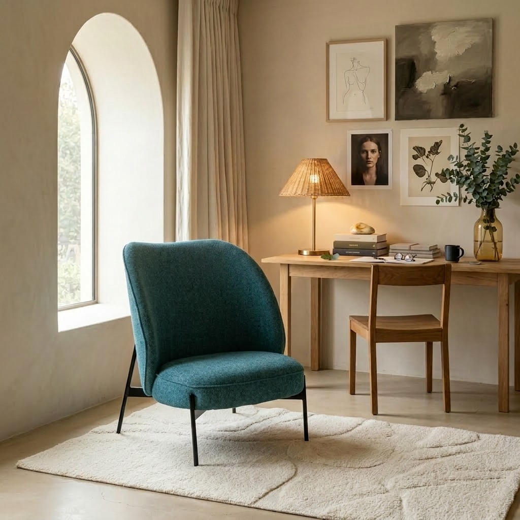 Fauteuil lounge pétrole en polyester chiné dans un bureau Organic Modern, murs enduit sable, arche et mobilier en chêne clair