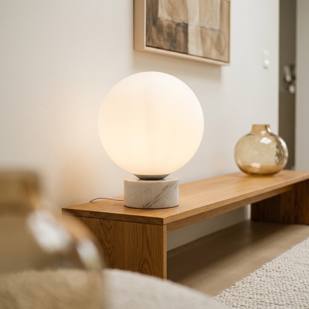 Lampe sphère verre opalin allumée sur meuble bas en bois clair, lumière chaleureuse et vase ambré dans un intérieur organique épuré