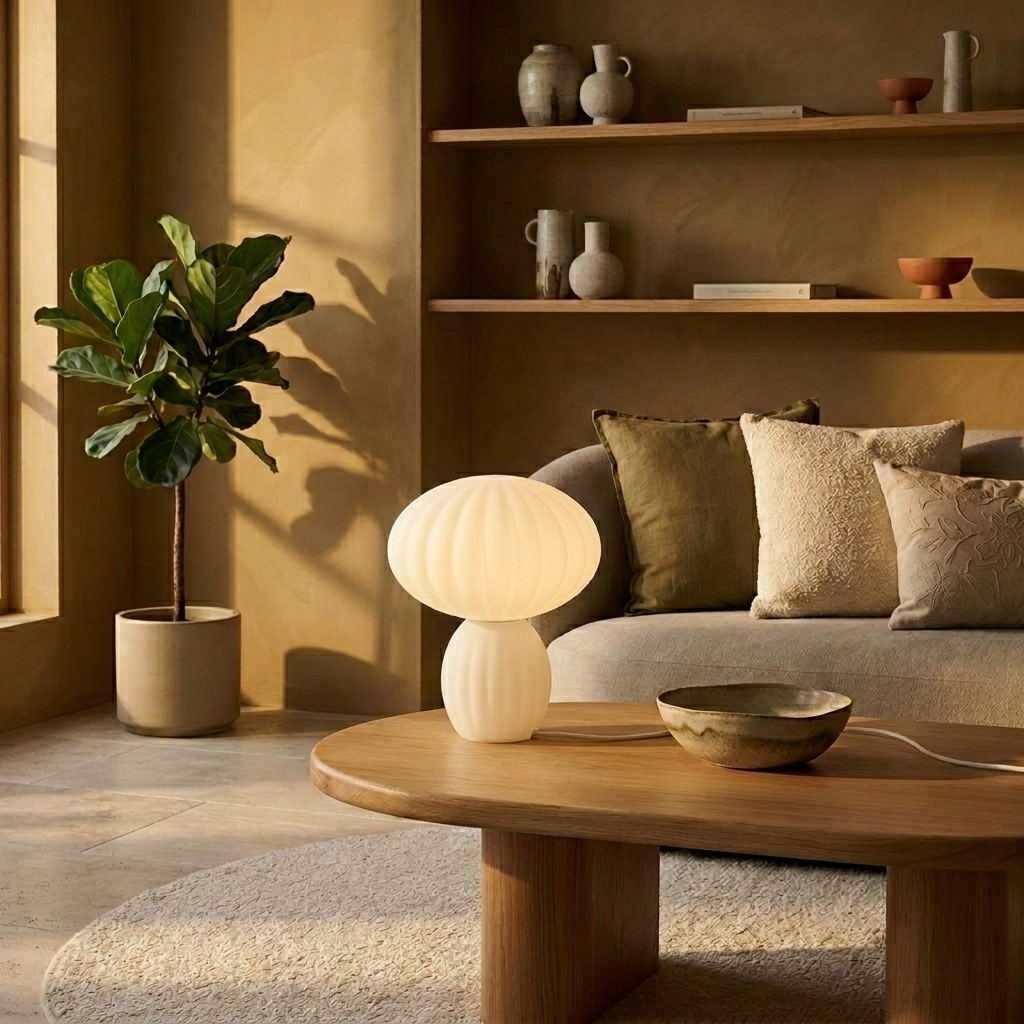 Lampe champignon Kumu en verre opalin blanc cannelé allumée sur table basse, salon chaux terre golden hour