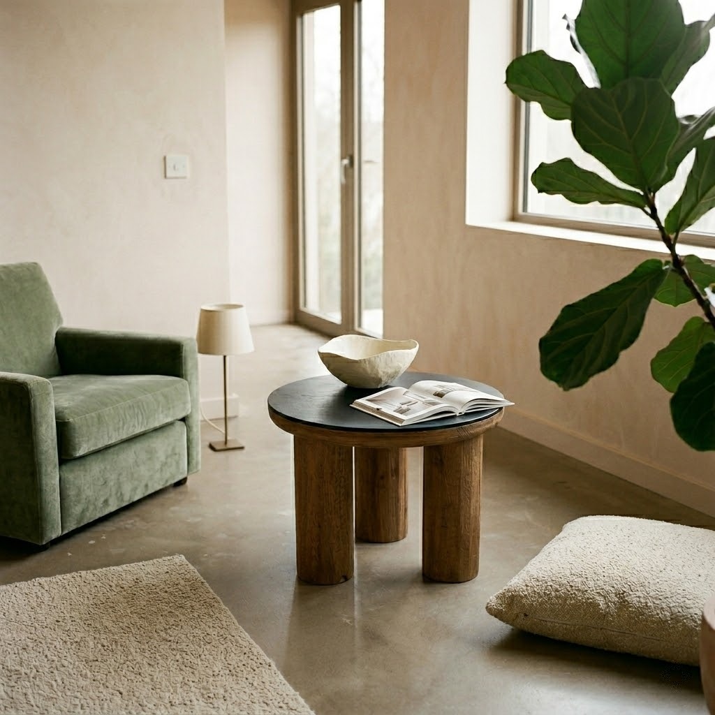 Table basse bois recyclé noir plateau mat dans un salon lumineux, fauteuil velours vert, enduit beige et grande plante verte
