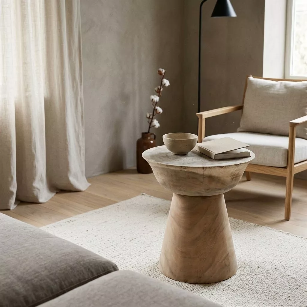 Table basse ronde en suar massif, salon enduit argile aux rideaux lin ivoire, lumière douce et fauteuil bois naturel
