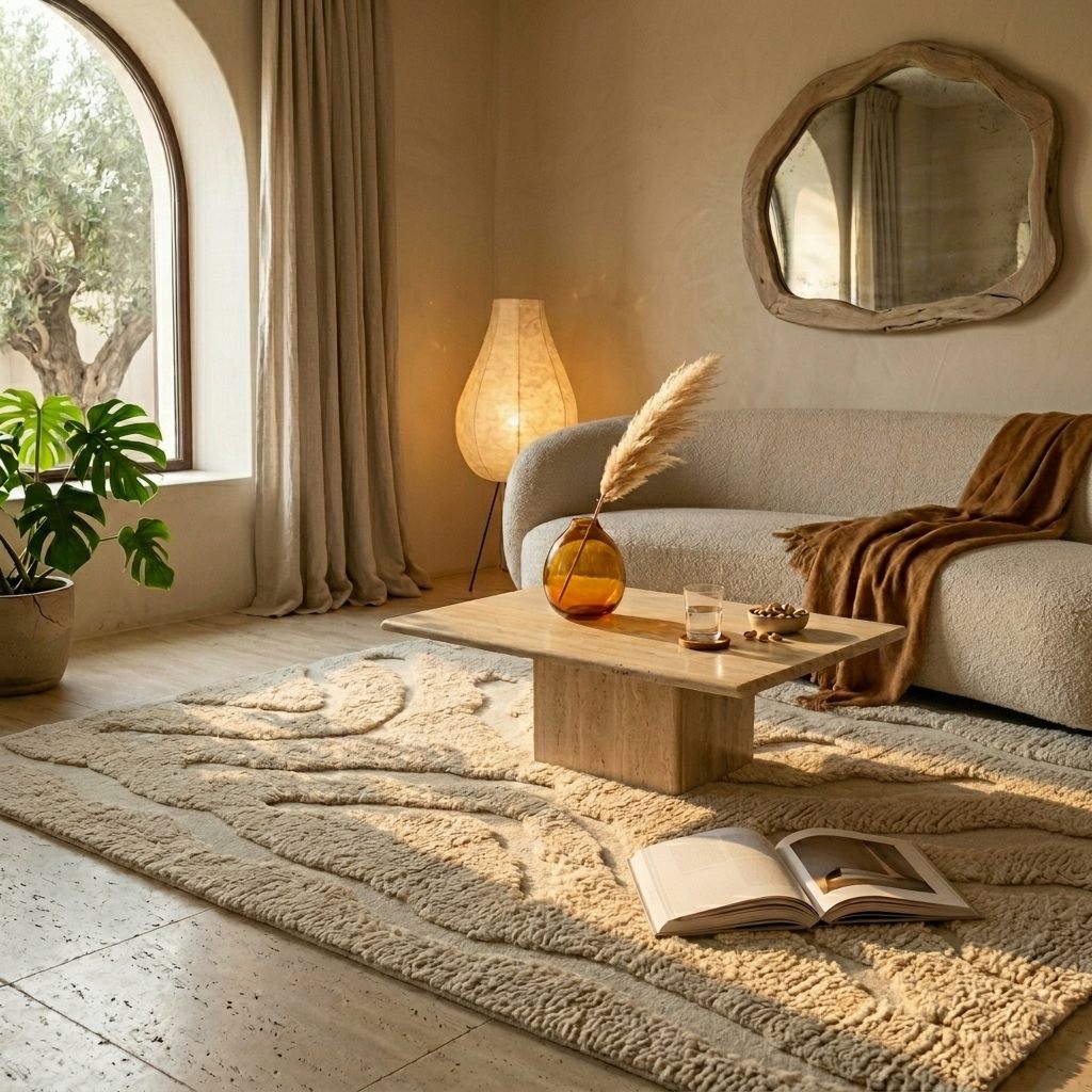 Tapis laine beige sculpté sous une table travertin, salon Organic Modern avec canapé bouclette et lumière dorée douce