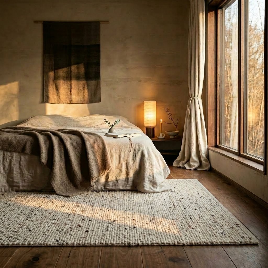 Tapis laine bouclée écru au pied d'un lit dans une chambre organic-modern, murs enduit taupe, lumière dorée de fin de journée