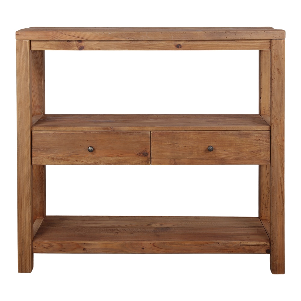 Buffet en pin recyclé naturel, vue de face, 2 tiroirs à poignées fonte noire, 3 plateaux ouverts, fond blanc