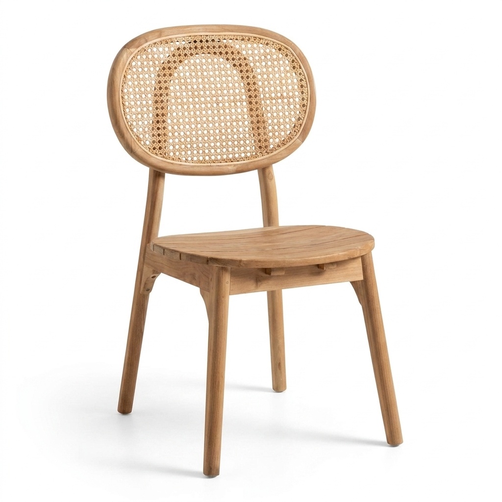Chaise en teck massif naturel, dossier ovale en cannage rotin hexagonal, assise à lattes, vue de trois-quarts, fond neutre
