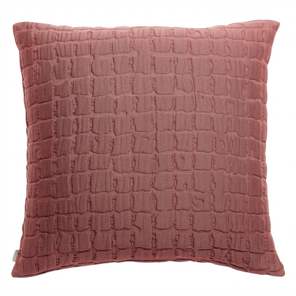 Coussin carré en coton stonewashed terracotta, vue de face, relief en grille organique, fond neutre blanc
