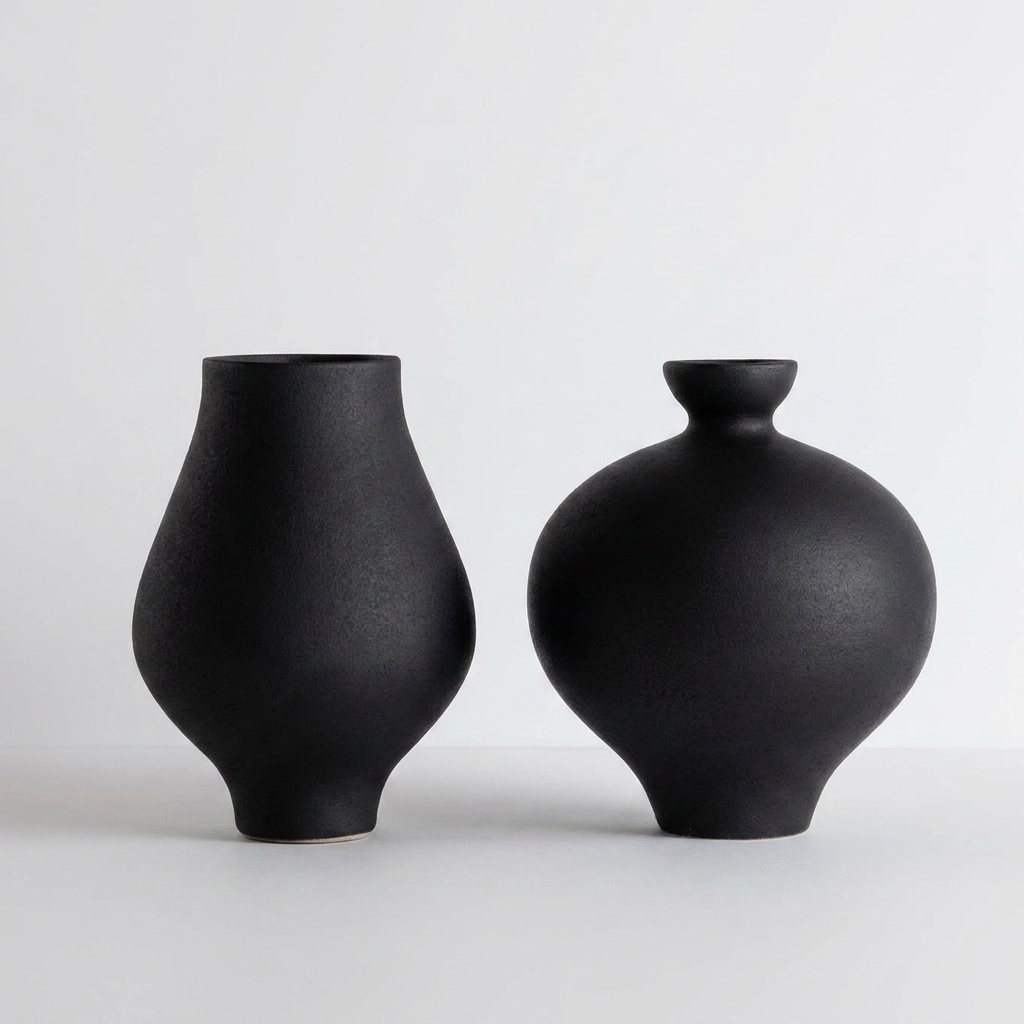 Duo de vases en céramique noire mate engobe, silhouettes contrastées sur fond neutre gris, panse sphérique et col effilé