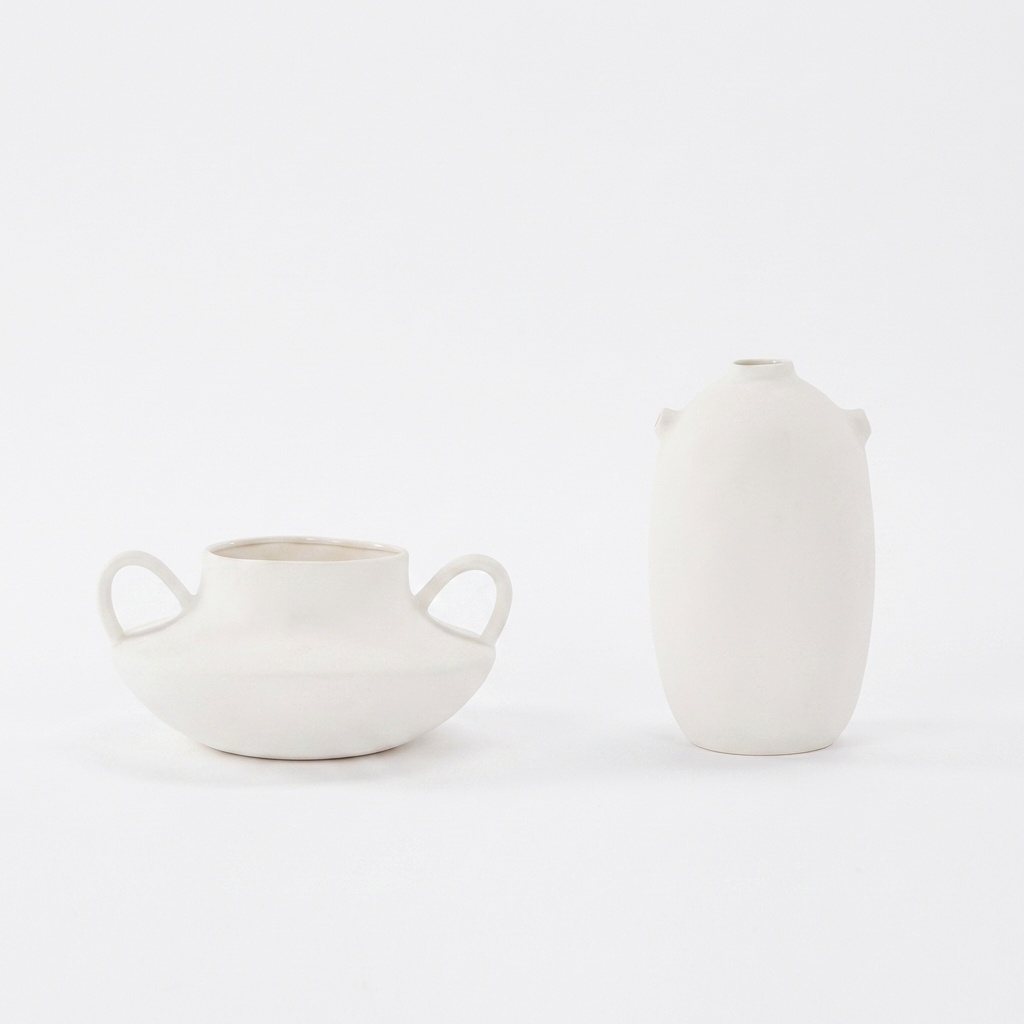 Duo Orelia — vase ovoidé mat et vase amphore satiné en grès écru, fond blanc, silhouettes artisanales