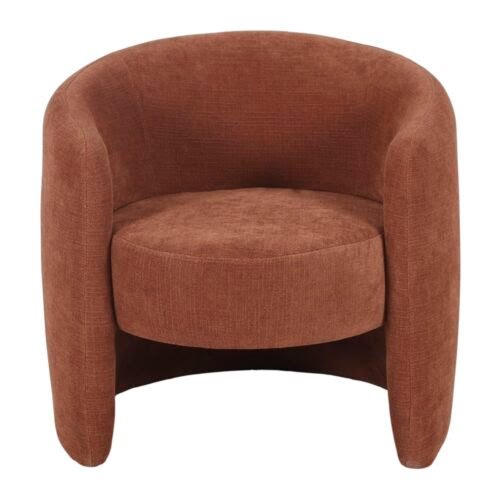 Fauteuil cocon terracotta, vue de face, coque enveloppante en chenille chiné mat, jupe textile pleine sans pied apparent
