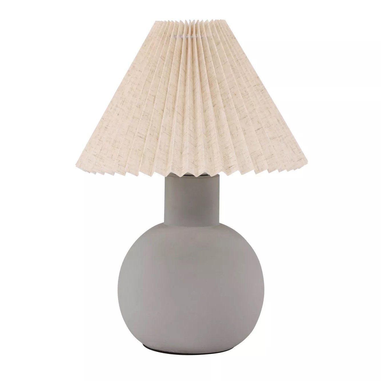 Lampe à poser pied sphérique en béton gris mat et abat-jour conique plissé en lin beige, vue de face, fond blanc neutre