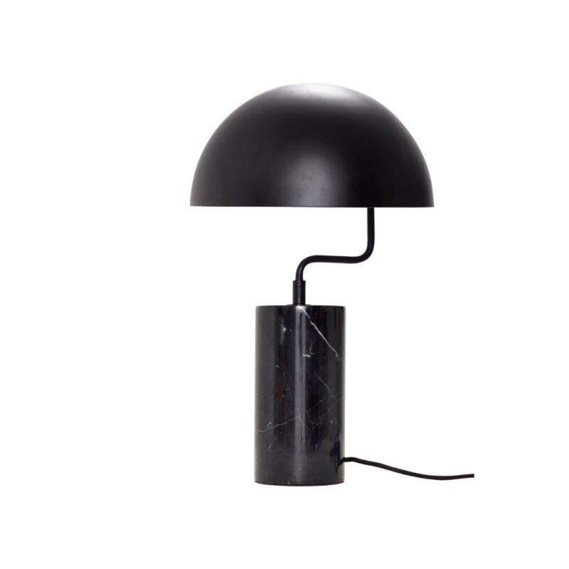 Lampe à poser Poise pied cylindrique marbre noir veiné et dôme demi-sphère fer mat, fond blanc