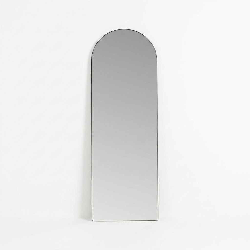 Miroir arche aluminium noir mat Nizar pleine hauteur 193 cm, silhouette arche base rectangulaire et sommet demi-cercle, fond blanc