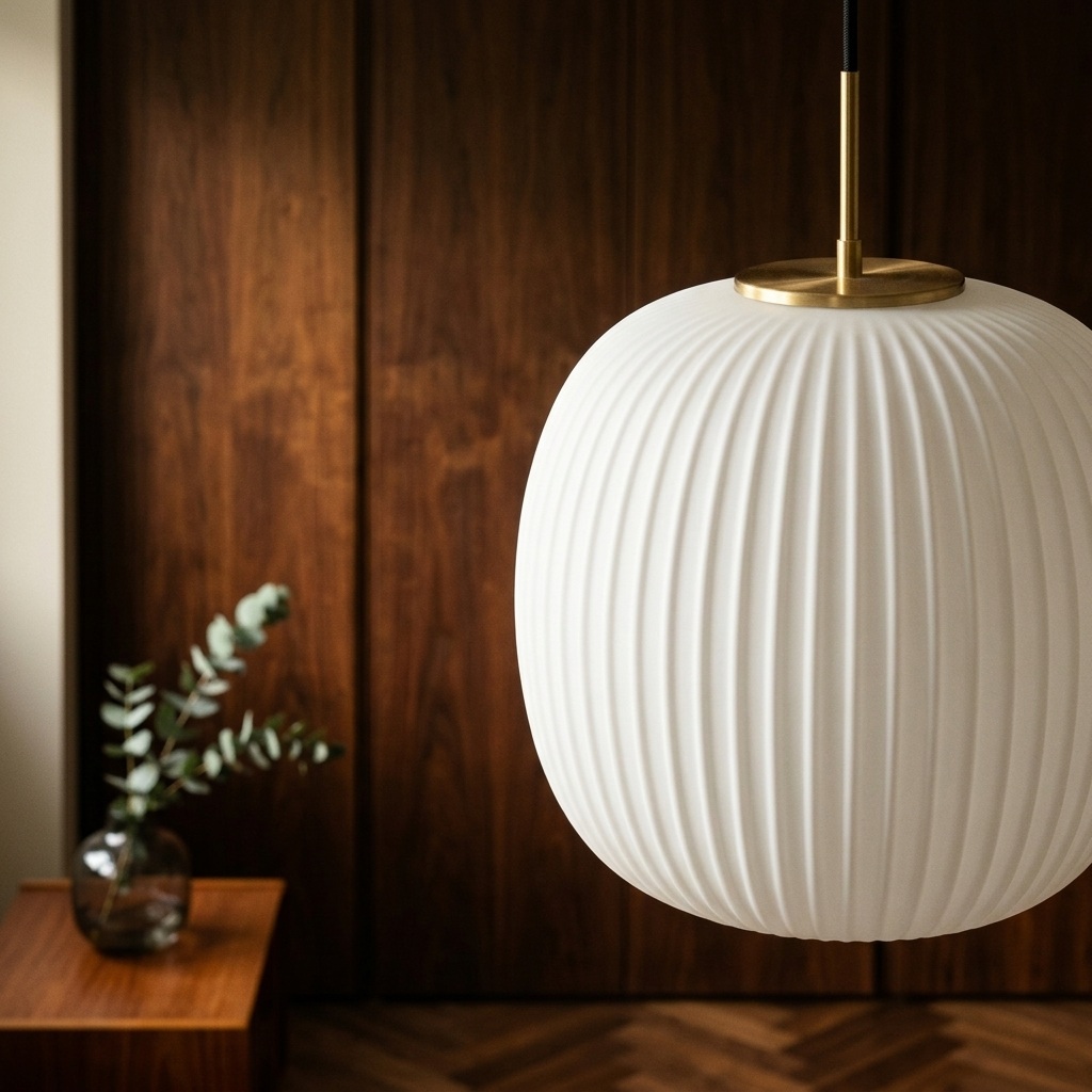 Suspension Serene sphérique en verre opalin strié avec fixation en laiton, vue de trois-quarts sur fond boisé