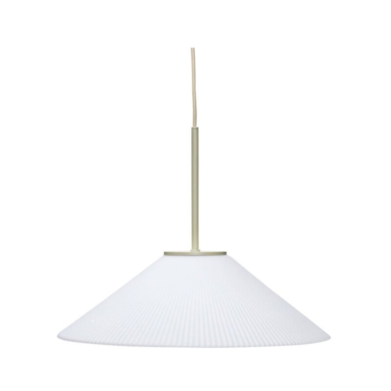 Suspension Solid en verre opalin blanc strié, vue de face, tige fer laqué sable, fond neutre