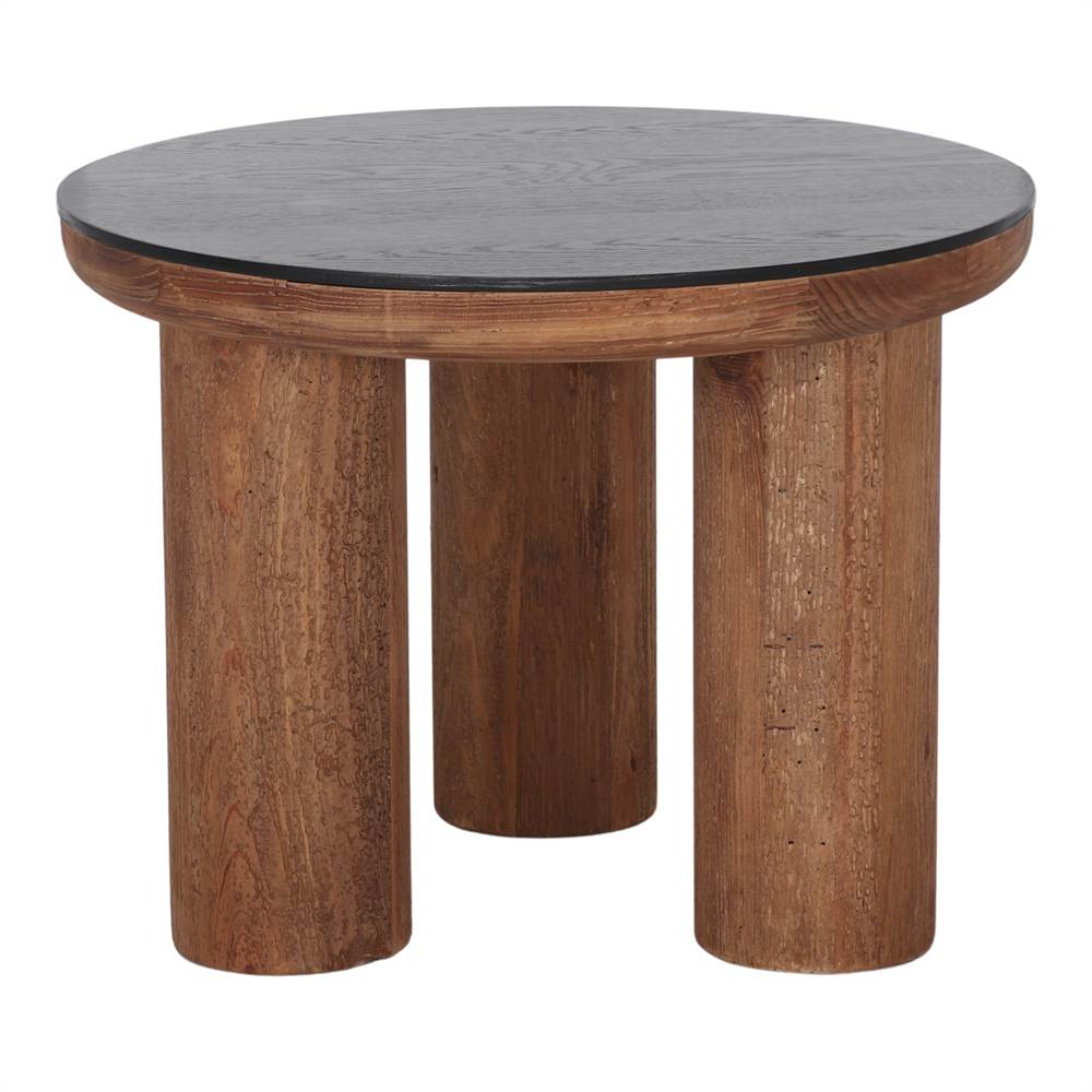 Table basse ronde bois recyclé noir, plateau peint mat sur piètement trois cylindres pin, vue de face sur fond blanc
